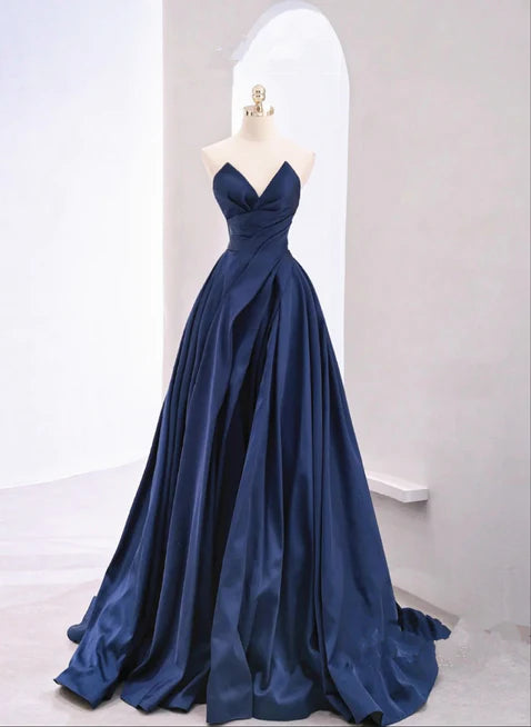 Navy blue sheer off shoulder sleeveless long party dress, navy blue A-line satin off shoulder strap and floor length evening dress Tunics Exclusive limited Navy blue sheer off shoulder sleeveless long party dress, navy blue A-line satin off shoulder strap and floor length evening dress Tunics Exclusive limited