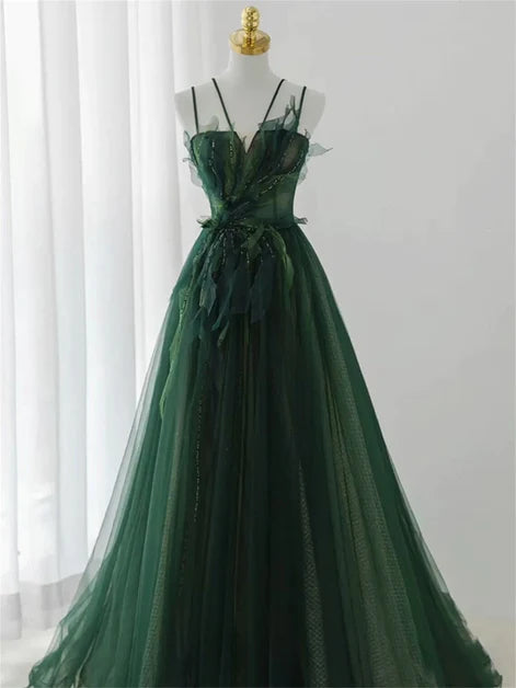 Charming dark green long beaded sequins A-line evening dress party dress, dark green shoulder strap sleeveless backless and floor length evening dress Tunics Bestseller popular Charming dark green long beaded sequins A-line evening dress party dress, dark green shoulder strap sleeveless backless and floor length evening dress Tunics Bestseller popular