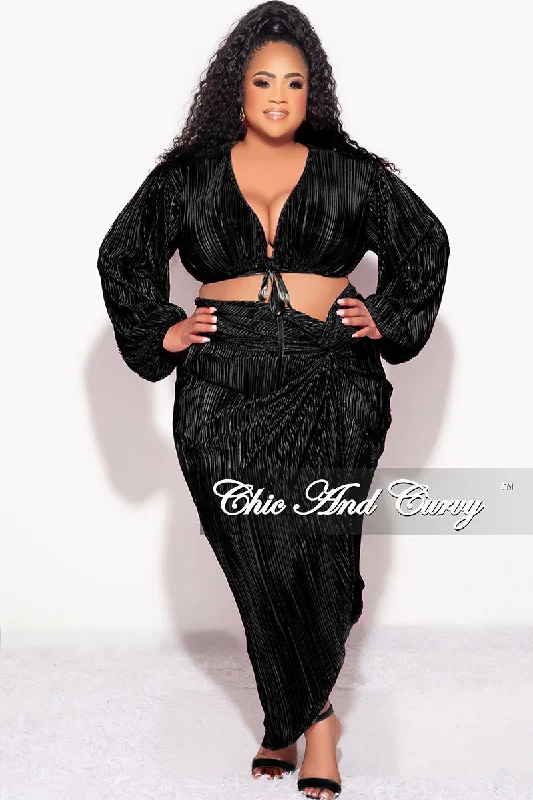 Final Sale Plus Size 2pc Pleated Crop Tie Top & Wrap Skirt Set in Black cashmere skirt soft