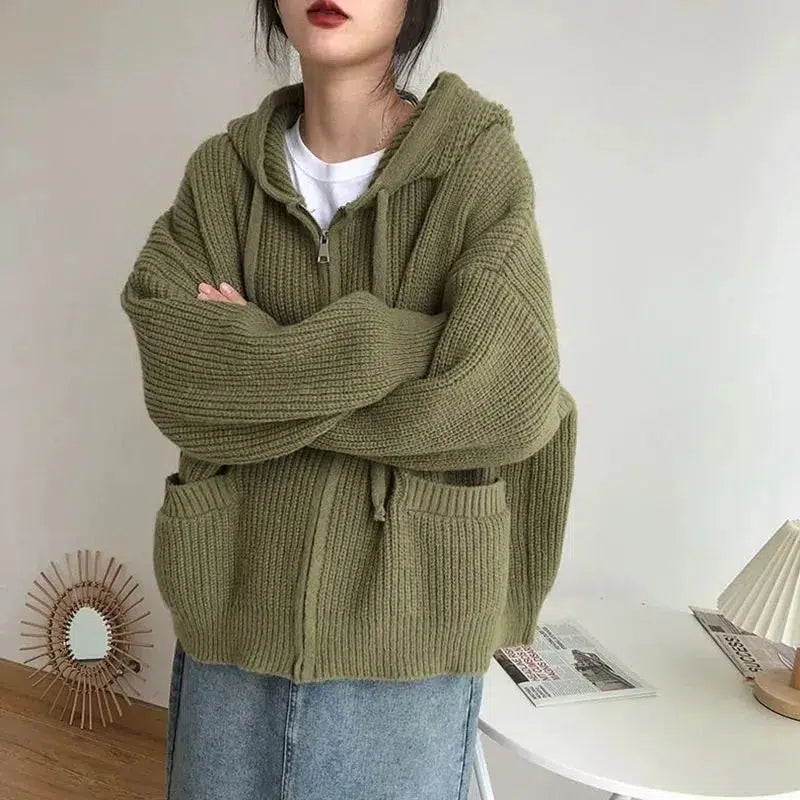 Oversized Knitted Hooded Cardigan Lace Blend Ribbed Blend Corduroy Blend