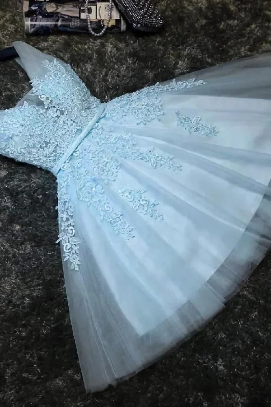 Lovely Blue Tulle V Neckline Short Party Dress, Tulle With Lace Homecoming Dress Satin Halter Glamorous Lovely Blue Tulle V Neckline Short Party Dress, Tulle With Lace Homecoming Dress Satin Halter Glamorous