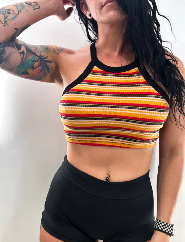 Salty Savage Ladies High Neck Micro Ribbed Halter Crop Tank | Vintage Stripes silver tank top