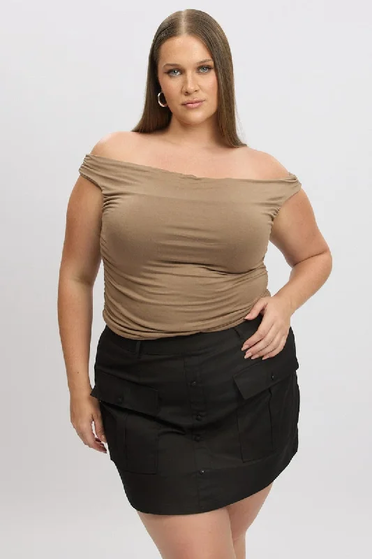 Brown Tank Top Cowl Neck Side Ruched strapless tank top