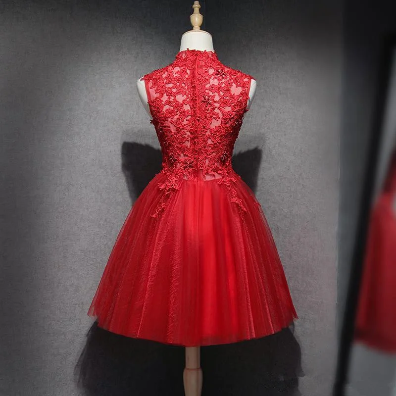 Red Lace High Neckline Tulle Short Homecoming Dress Party Dress, Red Formal Dresses Tunics Fashionable trendy Red Lace High Neckline Tulle Short Homecoming Dress Party Dress, Red Formal Dresses Tunics Fashionable trendy