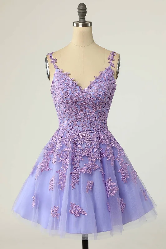V-Neck Lilace Tulle A-Line Short Party Dress with Appliques Tunics Cozy soft