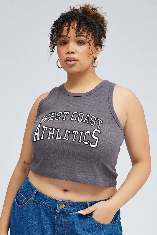 Grey Rib Tank Top With Embroidery activewear tank top