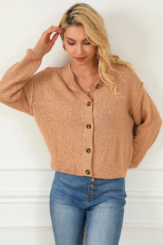 Khaki Button Front Drop Shoulder Knitted Cardigan Fitted Slim Tailored