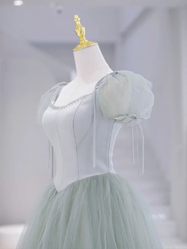 Green Tulle Floor Length Prom Dress, Green Short Sleeve Evening Party Dress Tunics New arrival Green Tulle Floor Length Prom Dress, Green Short Sleeve Evening Party Dress Tunics New arrival