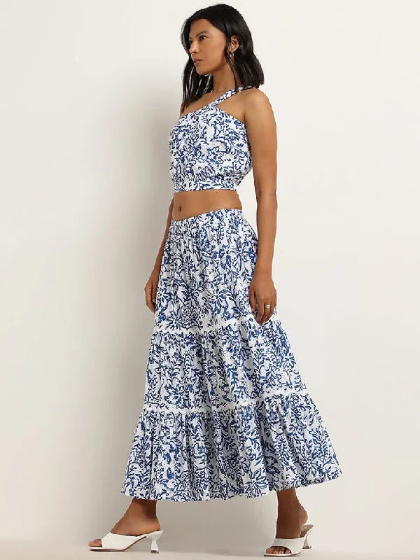 LOV Blue Printed Cotton Tiered Skirt velvet skirt plush