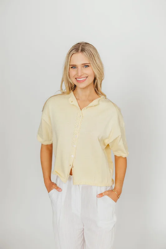Emeryn 100% Cotton Short Sleeve Knit Cardigan in Butter Crew Neck V-Neck Turtle Neck Emeryn 100% Cotton Short Sleeve Knit Cardigan in Butter Crew Neck V-Neck Turtle Neck