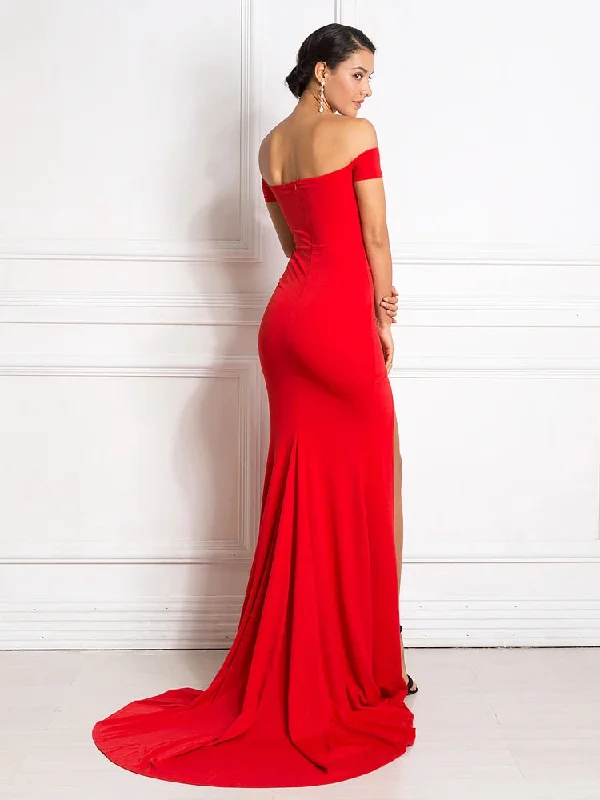 Red Off Shoulder Mermaid Bodycon Split Christmas Party Dress Tunics Custom made
