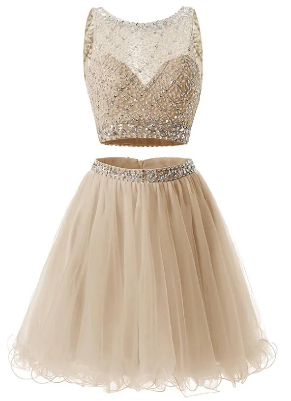 Two Piece Champagne Beaded Tulle Homecoming Dress, Short Prom Dress Party Dress Peplum Ruffle Cocktail Two Piece Champagne Beaded Tulle Homecoming Dress, Short Prom Dress Party Dress Peplum Ruffle Cocktail