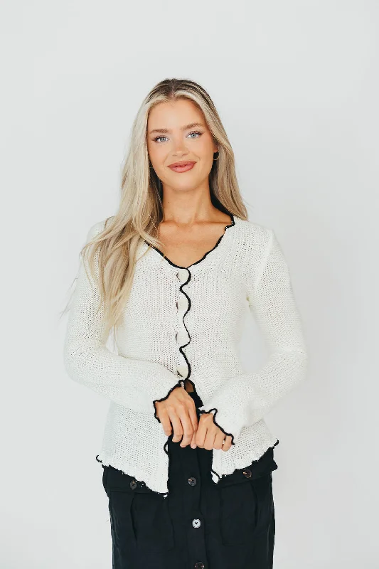 Lena Knit Cardigan with Contrast Edge in Off-White/Black Handmade Hand-knitted Hand-woven Lena Knit Cardigan with Contrast Edge in Off-White/Black Handmade Hand-knitted Hand-woven