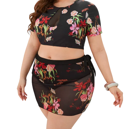 3 Piece Plus Size Floral Print Swimsuit Trendy Swimwear Set