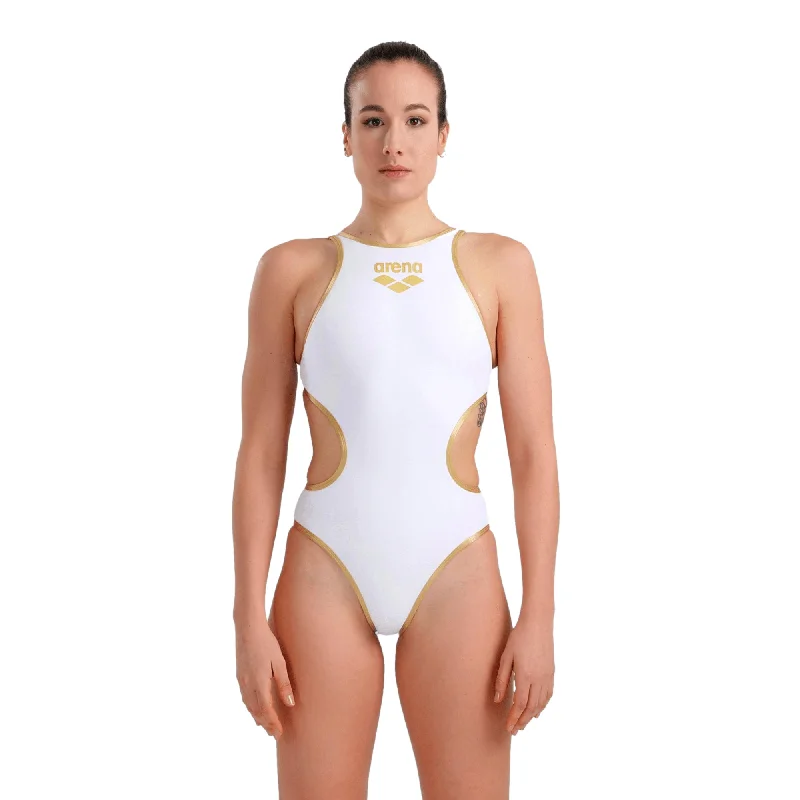 Arena ONE Big Logo One Piece Ladies Swimsuit - White/Gold Sexy Cutout Swimsuit