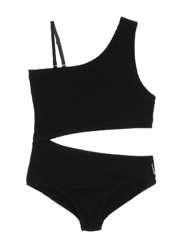 Cutout Crinkle One Piece Swimsuit - Black Elegant Halter Bikini