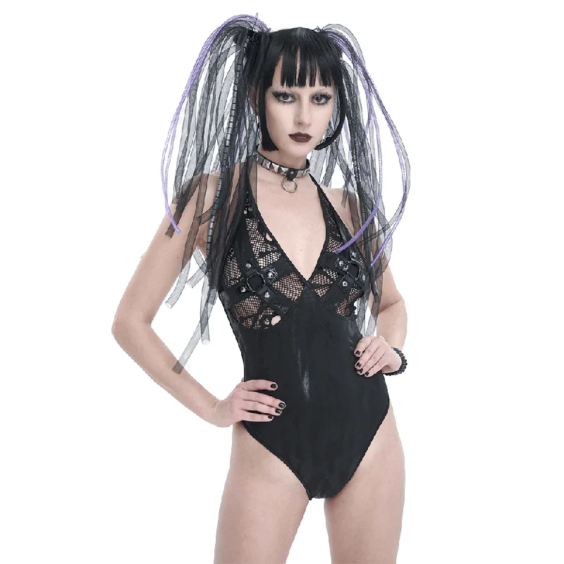 Black Gothic One-Piece Swimsuit with Metal Loops / Alternative Beachwear for Women Elegant Ruffle Swimsuit Black Gothic One-Piece Swimsuit with Metal Loops / Alternative Beachwear for Women Elegant Ruffle Swimsuit
