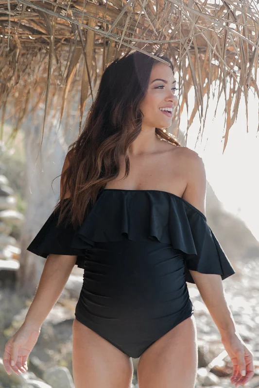 Black Ruffle Trim Ruched One-Piece Maternity Swimsuit Full Coverage Swimsuit