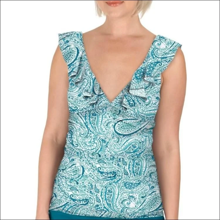 Carole Hochman Women’s Ruffle Plunge Tankini Swimsuit Top Black and Teal Water Paisley Casual Swim Dress Carole Hochman Women’s Ruffle Plunge Tankini Swimsuit Top Black and Teal Water Paisley Casual Swim Dress