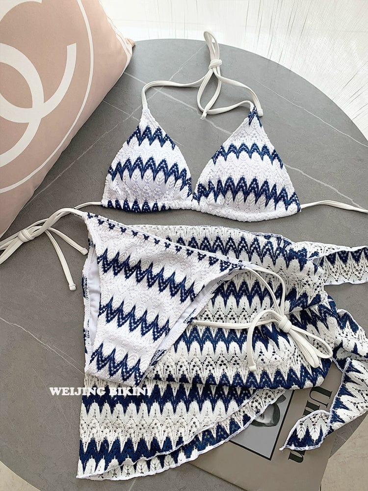 Classy Striped Bikini Lace Fabric Three-Piece Set Sexy Hot Spring Seaside Vacation Triangle Cup Sexy Swimsuit Vintage Swimwear Look Classy Striped Bikini Lace Fabric Three-Piece Set Sexy Hot Spring Seaside Vacation Triangle Cup Sexy Swimsuit Vintage Swimwear Look