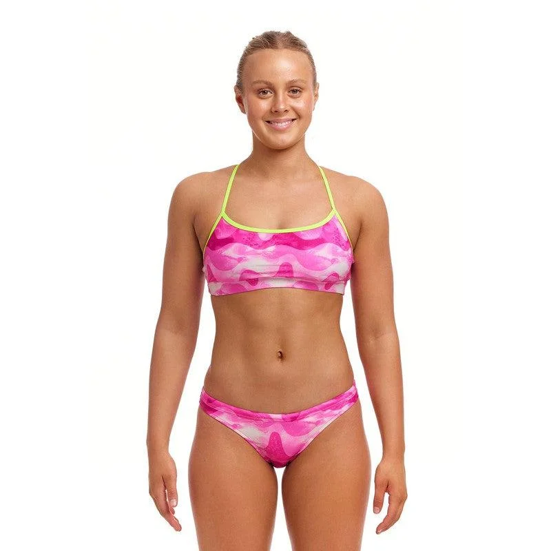 Funkita Ladies Swim Crop Top | Pink Caps Flirty Ruffle Swimsuit