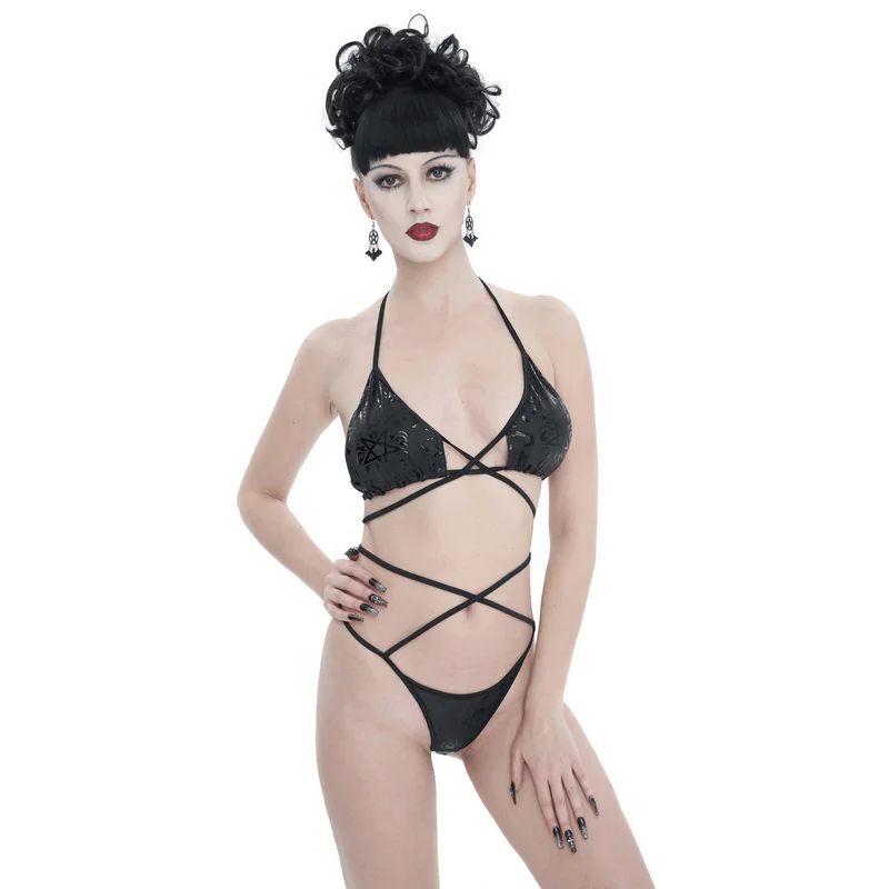 Gothic Pentagram Pattern Cross Straps Bikini Set / Fashion Black Swimwear Sleek Racerback Swimsuit Gothic Pentagram Pattern Cross Straps Bikini Set / Fashion Black Swimwear Sleek Racerback Swimsuit