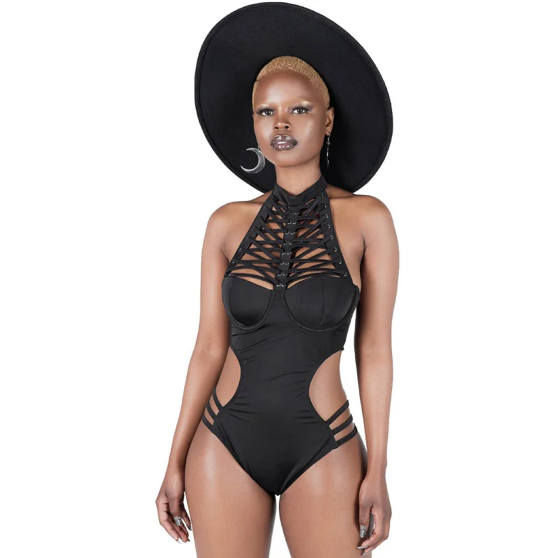 Imogen One Piece Swimsuit | Black Fitted Cut-Outs Strappy Playful Pattern Swimsuit