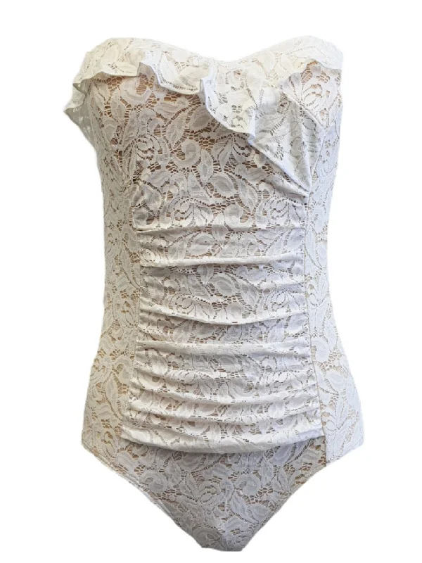 JANTZEN Women's White Lace Bandeau One Piece Swimsuit #4058 8 NWT Casual Swim Dress