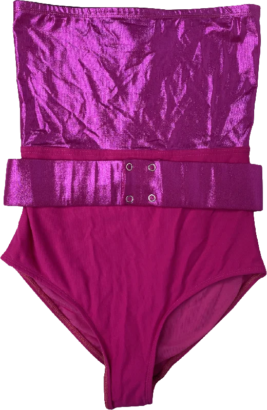 Leslie Amon Pink Metallic Belted Strapless Swimsuit UK S Solid Color Swimsuit