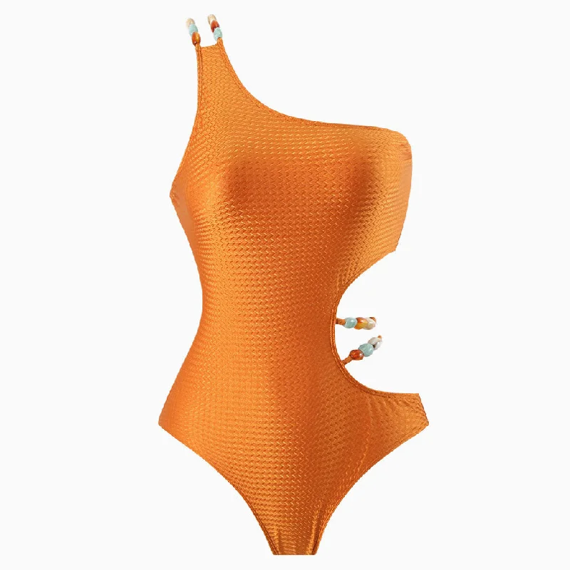 Luxurious Metallic Textured Beaded Cut Out One Shoulder One  Piece Swimsuit Stylish Cover-Up Set