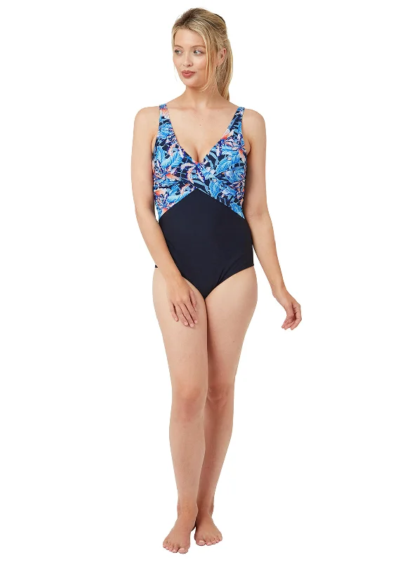 Oyster Bay Tropical V-neck Swimsuit, Blue Mesh Swimsuit Top