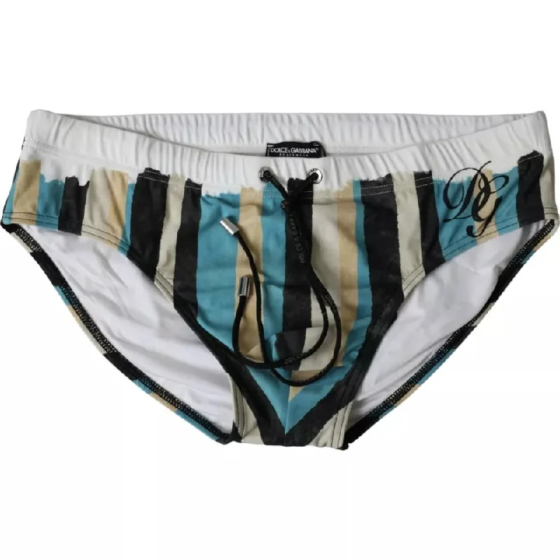 Dolce & Gabbana Multicolor Stripes Logo Beachwear Brief Swimwear Luxury Swimsuit Style