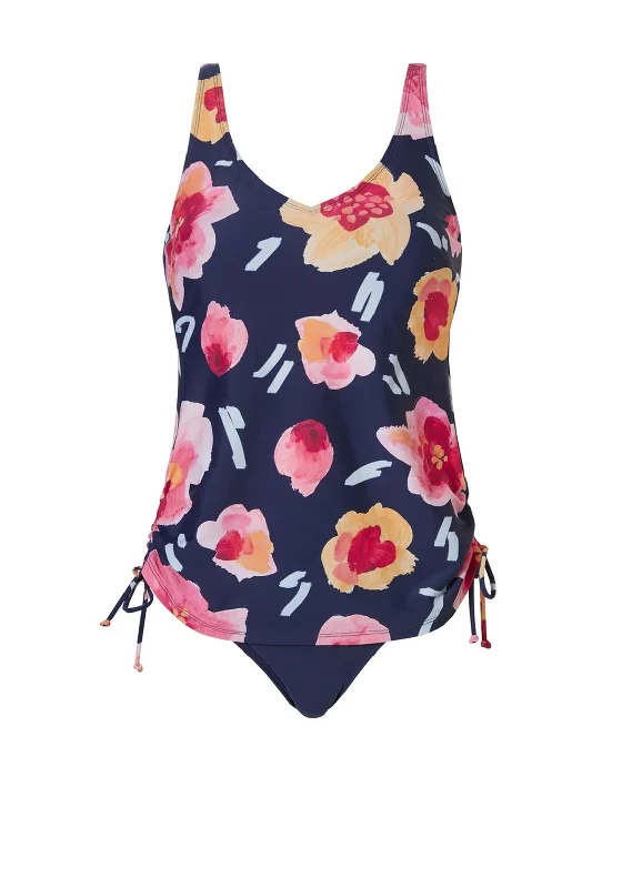 Pastunette Beach Prothese Floral Print Tankini, Navy V-Neck Swim Dress