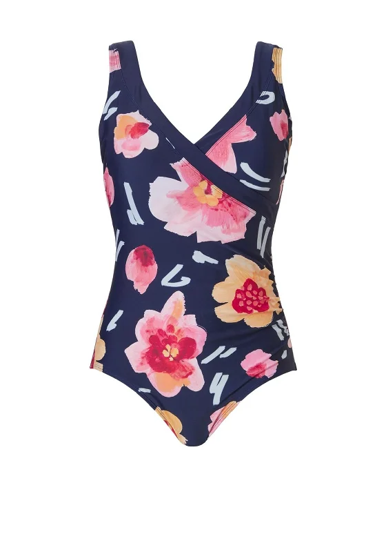 Pastunette Beach Cross Panel Floral Print V-Neck Swimsuit, Navy Chic Swimsuit Cover-Up Pastunette Beach Cross Panel Floral Print V-Neck Swimsuit, Navy Chic Swimsuit Cover-Up