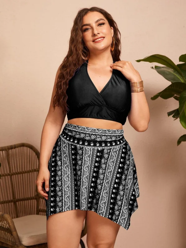 Plus Floral Striped Halter Bikini Swimsuit With Beach Skirt Black Mesh Panel Swimwear Plus Floral Striped Halter Bikini Swimsuit With Beach Skirt Black Mesh Panel Swimwear