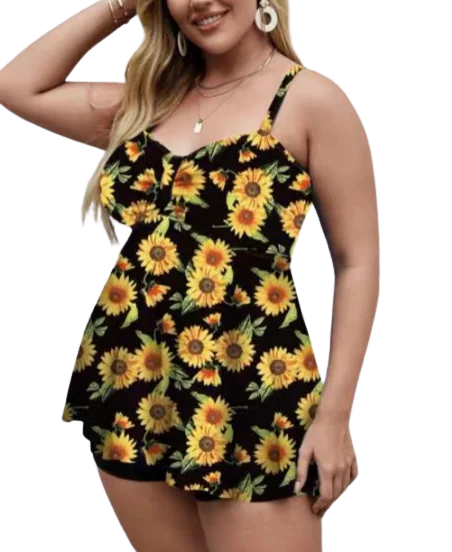 Plus Size Floral Print Swim Dress With Shorts Yellow Print Vibrant Bikini Bottoms