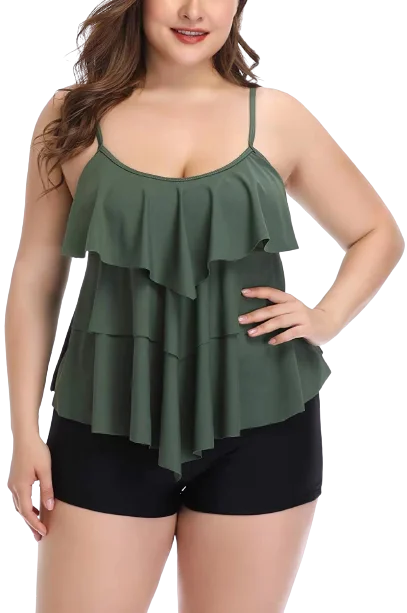 Plus Size Women Tankini Swimsuits Green Push-Up Swimsuit Top