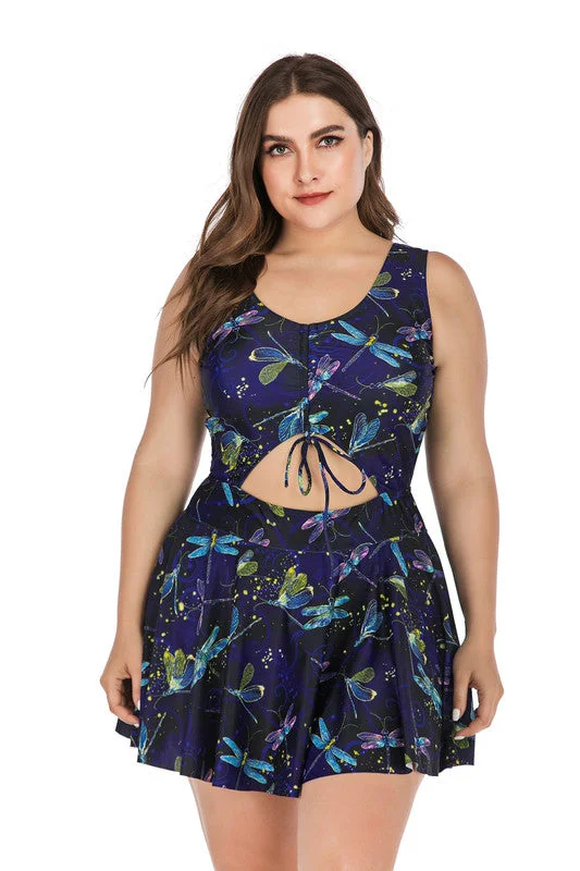 Plus Size Swimdress Butterfly Halter One Pieces Tankini Blue Sexy Two-Piece Set