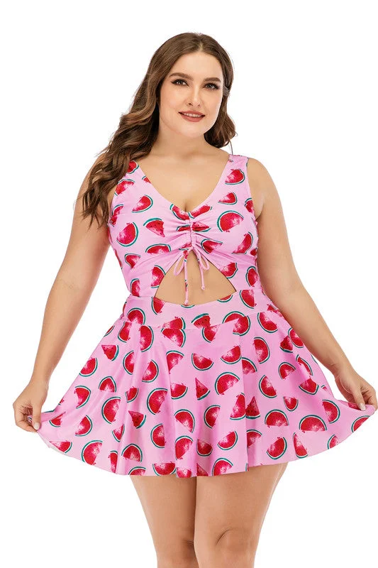 Plus Size Swimdress Watermelon Halter One Pieces Tankini Pink Bold High-Cut Bikini