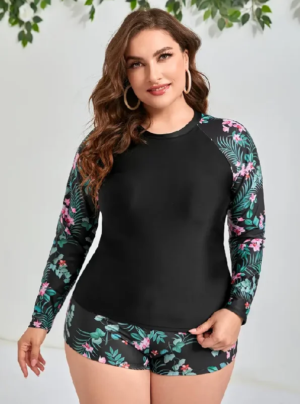 Plus Tropical Print Raglan Sleeve High Neck Tankini Black Trendy Swimsuit Bottoms