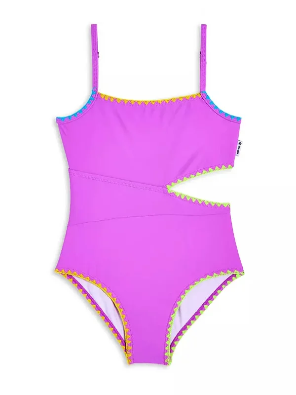 Embroidered Trim Cutout One Piece Swimsuit - Orchid Mesh Swimsuit Top