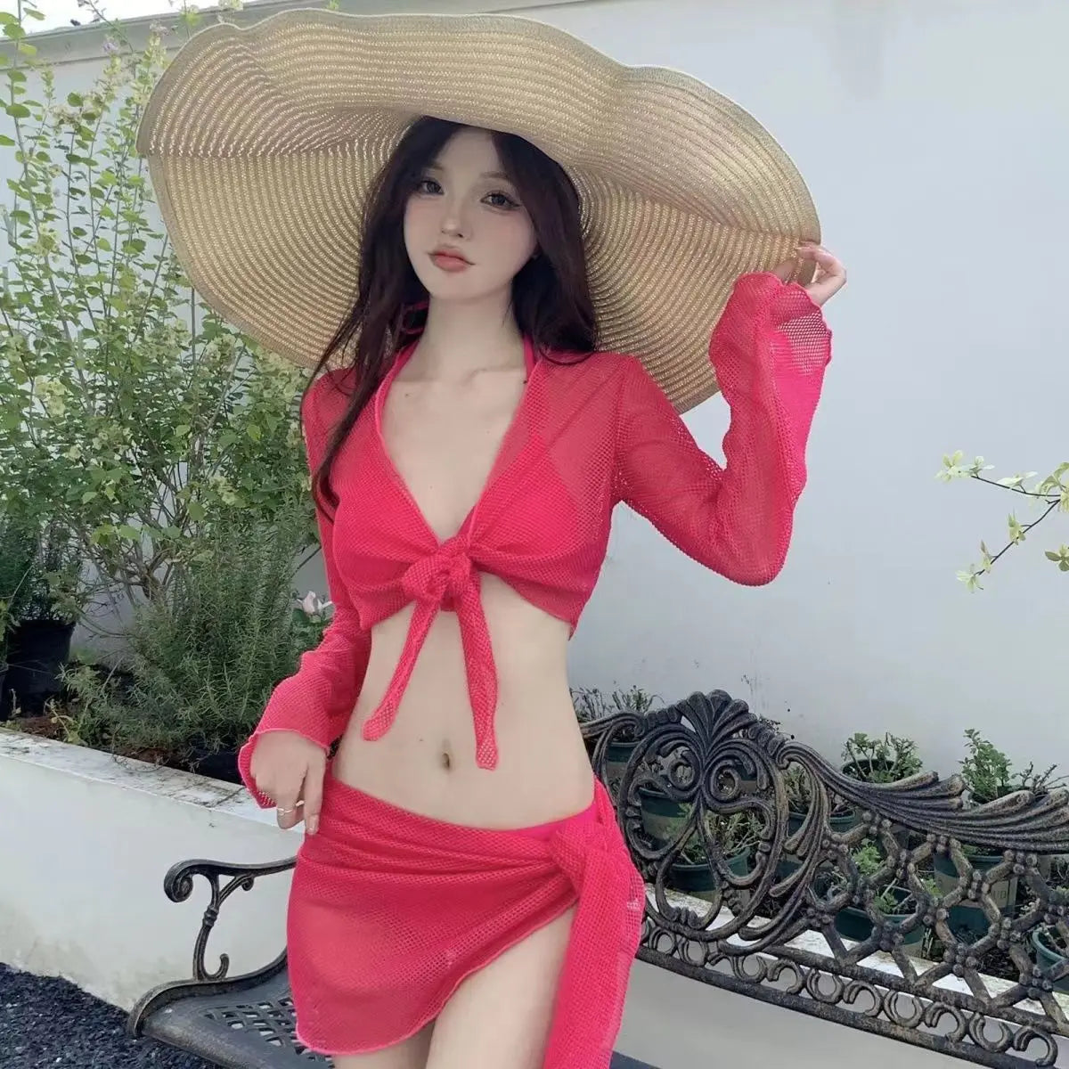 Solid Long Sleeve Cover Up with Skirt Swimwear Classic Sporty Swimsuit