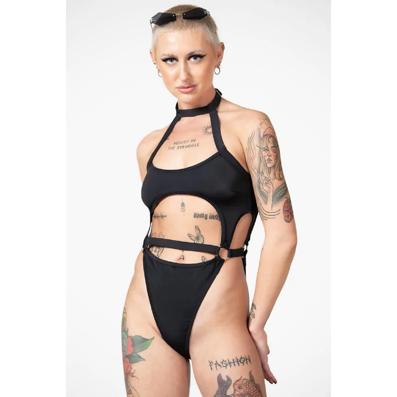 Wendy One Piece Swimsuit | Black Cut-Outs Strappy Floral Swimwear Set