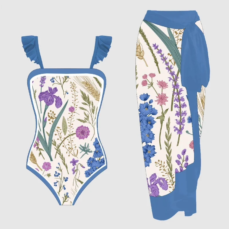 Women's One-piece Swimming Suit and Cover-up Scarf Two-piece Swimwear Set Floral Swimwear Set