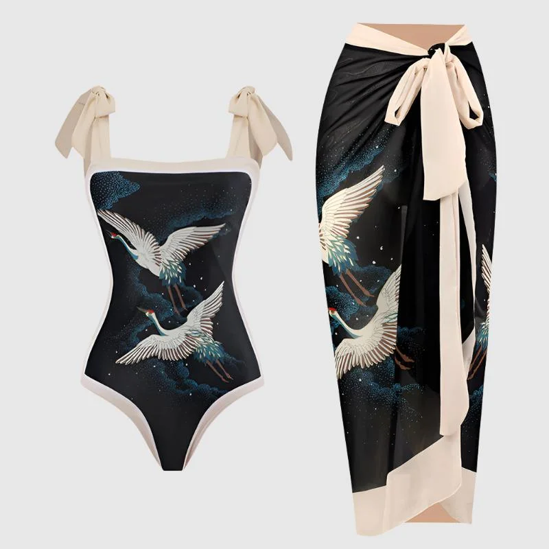 Women's Retro One-piece Swimsuit and Cover-up Scarf Set Retro-Inspired Bikini Set