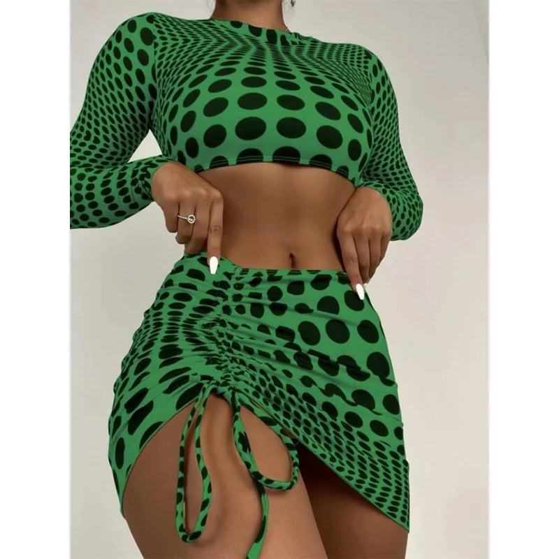 Women's Sexy Dot Printed Pleated Skirt Long Sleeve Top 3 Pieces Swimwear Two-Piece Beachwear Women's Sexy Dot Printed Pleated Skirt Long Sleeve Top 3 Pieces Swimwear Two-Piece Beachwear