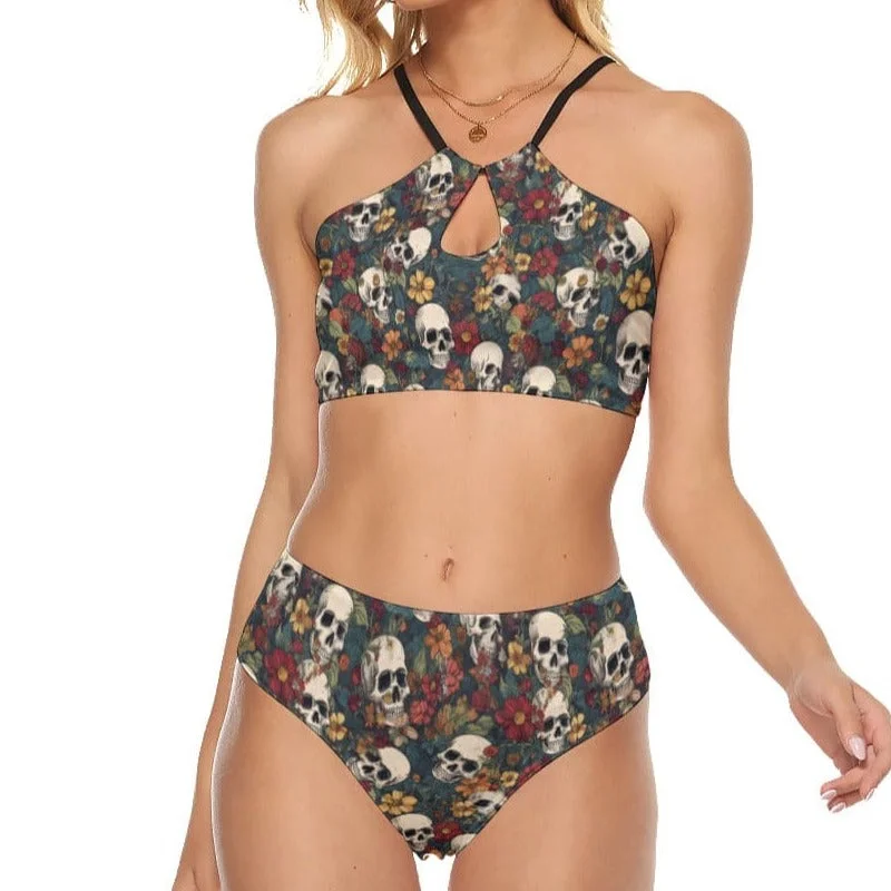 Women's Skulls Brown Floral Cami Keyhole Two Piece Swimsuit Lace Back Bikini