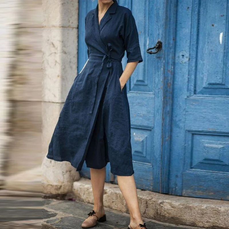 Elegant Half Sleeve Cotton Linen Party Dress Fashion Office Lady Lapel Wrap Lace-Up Long Dress Autumn Casual Pocket Solid Dress Tunics Leisure comfortable Elegant Half Sleeve Cotton Linen Party Dress Fashion Office Lady Lapel Wrap Lace-Up Long Dress Autumn Casual Pocket Solid Dress Tunics Leisure comfortable