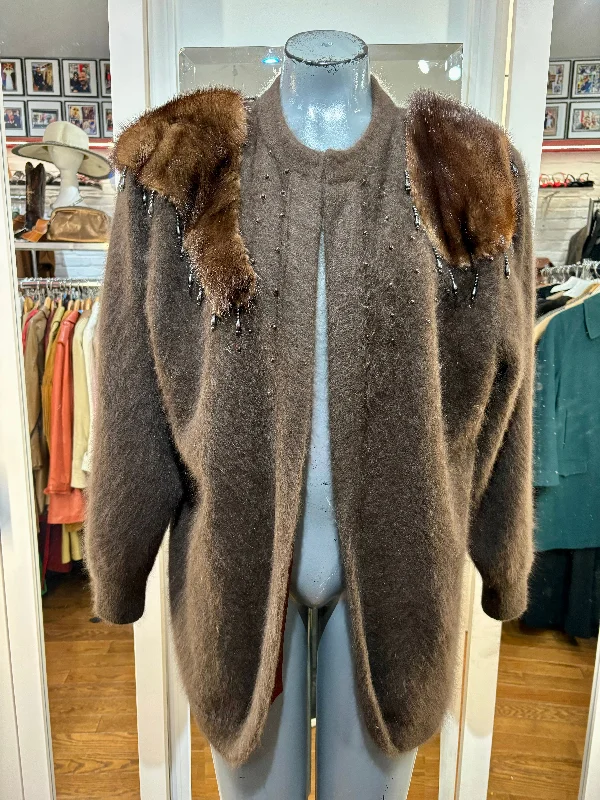 80’s Brown Mohair & Fur Open Cardigan Coat By Carter Classics Chenille Blend Fleece Blend Nylon Blend 80’s Brown Mohair & Fur Open Cardigan Coat By Carter Classics Chenille Blend Fleece Blend Nylon Blend
