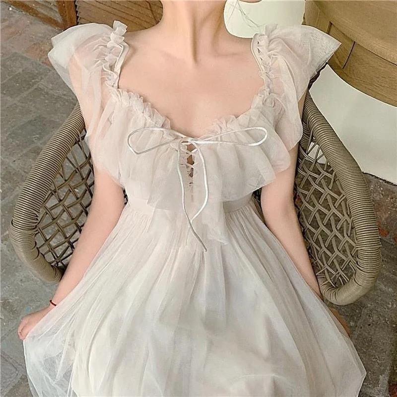 Sweet Kawaii Fairy Princess Mesh Dress Elegant White Spaghetti Strap Off Shoulder Party Dresses Woman Vacation Tunics Seasonal trendy Sweet Kawaii Fairy Princess Mesh Dress Elegant White Spaghetti Strap Off Shoulder Party Dresses Woman Vacation Tunics Seasonal trendy